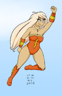 big_breasts blond_haar blonde_hair brown_eyes cleavage coco cosplay flyinh meta:general_fanart necklace sky speedoalien_(artist) text thick_thighs thights thunder_thighs thunder_thighs_(alter_ego) ZMTFU // 650x1000 // 183KB