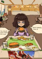 Artist:chewing_devil bow chair chicken_nugget Coat_of_arms_of_Spain english_text Escudo_de_Espa&ntilde;a fries hamburger maya McDonalds menu meta:general_fanart mustard mymy niggerwiggle nugget nuggets sword table text text_bubble text_bubbles zoey // 2480x3508 // 1.0MB