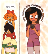 artist:vtcric black_hair blond_haar blonde_hair blozen blush boog bow bruin_haar camera coco dutch_text exclamation_mark exclamation_marks hair_bun hair_covering_eye hair_over_eye hair_over_eye_(maya) halsketting maya meta:general_fanart moederdag mother's_day mother_day mothers'_day mymy nederlandse_tekst onderhemd orange_hair oranje_haar overhemd shirt shorts soei sweat sweating trio vrouwenmishandelaar wifebeater zweet zweten // 1886x2148 // 2.6MB