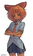 arms_crossed artist:bublikoe blue_eyes bow freckles mad meta:general_fanart mymy orange_hair skirt tie white_void // 1164x1974 // 118KB