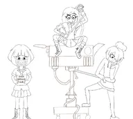 artist:silk_pyjamas boot boots camera coco dutch_text english_text freckles hair_bun hair_covering_eye hair_over_eye hair_over_eye_(maya) hoodie looking_at_viewer looking_away maya meta:general_fanart mymy nederlandse_tekst no_color open_mouth orange_hair parody raised_eyebrow shoe shoes silk_pyjamas_(artist) single_color_background single_colour_background skirt tangled text trio white_void wire // 1160x1037 // 100KB