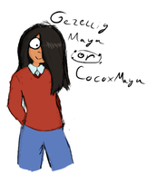 :) artist:nbveh blank_background brown_eyes dutch_text english_text gezellig_maya green_eyes jeans maya meta:general_fanart single_color_background single_colour_background smile smiling sweater text white_background white_void // 659x732 // 178KB