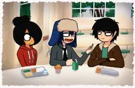 apple apple_juice apples artist:mineartzzz black_hair blue_hair brown_eyes green_eyes lunch maya milk muffin occoal sandwich school_food table tables tie tree ushanka ushanka-hat ушанка шапка-ушанка // 2048x1341 // 259KB