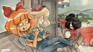 artist:calliope._p bier black_hair blonde_hair bow brown_eyes bush bushes can car cars coco door duff dutch_flag flag flag:netherlands hat hill hoodie maya meta:rijkskunst mymy niggerwiggle orange_hair overalls pipe porch simpson simpsons smiling sneed sun text // 2246x1262 // 685KB