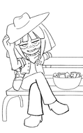 artist:portalverse bench black_and_white bowl bowl_of_candy candy cowboy_costume cowboy_hat freckles gun halloween hat lollipop looking_at_viewer meta:duplicate meta:general_fanart mymy no_color sheriff's_star sitting // 339x549 // 60KB