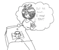 artist:nitrous.huffer bed black_and_white black_hair blanket blush dream dreaming english_text exclamation_mark exclamation_marks eye_bags glasses hair hair_bun hair_covering_eye maya meta:general_fanart pillow shirt text thought thought_bubble variant:chudjak white_void // 1300x1100 // 126KB