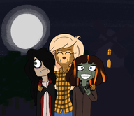 black_hair blonde_hair coco flannel frankenstein green_eyes halloween heterochromia maya meta:general_fanart monster monsters moon mymy night trees vampire werewolf windmill // 2700x2333 // 3.5MB