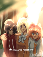 artist:aleenasato black_hair blonde_hair blue_eyes bow brown_eyes coco english_text focusing forest grass green_eyes hoodie maya meta:general_fanart mymy nature orange_hair sun sunbeam text tie tongue tree trio // 1137x1519 // 1.4MB