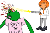 bowtie clothes collared_shirt frog gore mymy ongezellig orange_hair orange_skin pepe shoe shotgun text tshirt variant:impish_soyak_ears // 2999x2000 // 1.3MB