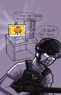aryan aryan_classic billions_must billions_must_die bow bullet_prove_vesr chud computer computer_keyboard computer_monitor computer_mouse desk english_text flag freckles glasses gun meta:rijkskunst mymy orange_hair rifle schoolocaust shooting text tie variant:chudjak voc voc_flag void webcam // 652x1019 // 109KB