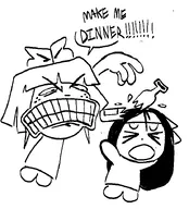 artist:plasternaut bandana black_and_white bottle bow breaking_object english_text exclamation_mark exclamation_marks freckles kiki meta:general_fanart mymy text white_void // 656x722 // 203KB