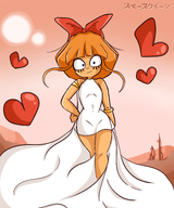 armband artist:gussywussy blue_eyes bow bracelet buildings dress freckles goonbait heart hearts japanese_text jewelry looking_at_viewer meta:general_fanart mymy orange_hair smiling smirk sun suns text two_suns wedding_dress // 2917x3500 // 6.1MB