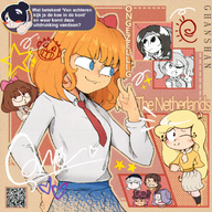 :3 alternate_hair_color angry artist:ghanshan coco dutch_text glasses hand_on_hip hearts kiki massa maya meta:general_fanart occoal one_eye_closed peace_sign pink_bow qr sparkles stars tryn vera winking // 1080x1080 // 2.5MB