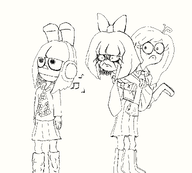 artist:entiral black_and_white bloodshot_eyes coco grim_(artstyle) headphone holding_back listening_to_music mad meta:rijkskunst music mymy niggerwiggle scared Stephanie_(SHH) strange_hill_high // 1107x998 // 81KB