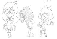 black_and_white boot bow coco hair_bun hair_covering_eye hair_over_eye hair_over_eye_(maya) maya meta:general_fanart mymy no_freckles shoe shoes sketch skirt tie trio unknown_artist white_void // 1193x814 // 127KB