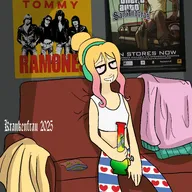 artist:krankenfrau blonde_hair blue_eyes bong couch crop_top english_text frisian_thigh_highs headphones high meta:general_fanart partially_dyed_hair sitting text weed yfke // 4096x4096 // 1.2MB