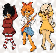 artist:nlsenpai big_breasts biting_lip blond_haar bodypillow boobs breasts brown_eyes cleavage coco dakimakura dress flip_flop freckles gun implied_lewd lip_bite maya meta:general_fanart necklace not_amused red_hair smiling thights tights toy_gun zwart_haar // 1182x1125 // 1.1MB