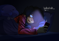 blobfish dialogue holding_object laughing maya meta:general_fanart night phone // 1150x801 // 639KB