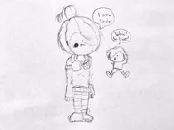 background_character dialogue drawing english_text exclamation_mark exclamation_marks hair_bun hair_covering_eye hair_over_eye hair_over_eye_(maya) headphones maya meta:general_fanart pencil_(medium) photo sketch speech_bubble speech_bubbles text text_bubble text_bubbles // 2048x1536 // 354KB