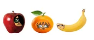 apple artist:maybenotrandov banana black_hair blonde_hair blue_eyes brown_eyes closed_mouth coco cross_eyed derpy green_eyes hair_covering_eye hair_over_eye hair_over_eye_(maya) leaf low_quality maya meta:general_fanart mymy needs_dutch_tag open_mouth orange orange_(fruit) orange_hair stem white_void // 1348x585 // 44KB