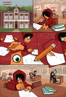 beanie beanie_with_earflaps black_hair blonde_hair book books brown_eyes clock comic desk desks english_text fisheye_(drawfag) focusing glasses goof grass green_eyes grey_hair hair_bun hair_covering_eye hair_over_eye hair_over_eye_(maya) hood_up hoodie map map_of_europe maya meta:rijkskunst onamonapia paper pencil red_hair rens school stan text tree trees tryn wiel wifebeater window writing yfke // 1387x2012 // 439KB