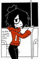 artist:meep2much bus ellipsis english_text hair_bun hair_covering_eye hair_over_eye hair_over_eye_(maya) hoodie inside_bus leggings maya pants pole text twitch twitching // 850x1272 // 106KB