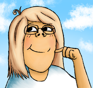 arm artist:rot blush clothes coco drawn_background finger glasses hair hand poking sky smile subvariant:gapejak_female tshirt variant:gapejak yellow_hair // 856x806 // 656KB