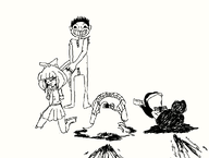 artist:brim black_and_white blood boe boot boots coco death evil_grin evil_smile exactionskirt execution grim_(artstyle) grin gun hair_bun hair_covering_eye hair_over_eye hair_over_eye_(maya) hands_tied hands_tied_behind_back massa maya meta:general_fanart mymy niggerwiggle scared skirt smiling tie weapon white_void // 961x727 // 12KB