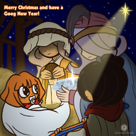 binky black_hair blasphemy blonde_hair bow coco english_text exclamation_mark freckles gem gun hair_bun hair_covering_eye hair_over_eye hair_over_eye_(maya) idolatry light maya mymy mymy's_gun nativity_scene nerf_gun orange_hair plush_body shine soopwafel star stroopwafel text three_wise_men variant:agugu vera // 1280x1280 // 1.8MB