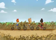 Artist:chewing_devil bicycle bike biking blonde_hair blue_eyes boats bow brown_eyes brown_hair cloud clouds coco freckles hoodie maya meta:general_fanart mymy orange_hair skirt sky windmill // 4093x2894 // 633KB