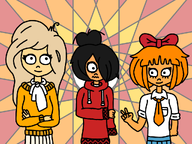 black_hair blonde_hair bow coco hair_bun hair_covering_eye hair_over_eye hair_over_eye_(maya) maya meta:general_fanart mymy orange_hair skirt tie unknown_artist // 1024x768 // 361KB