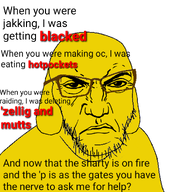 amerimutt angry animal blacked closed_mouth dog ear glasses hot_pocket janny mutt oc ongezellig punisher_face red redtext shadow soyjak soyjak_party stubble text variant:feraljak yellow_skin // 1000x1000 // 300KB