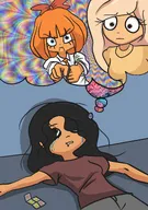 black_hair blonde_hair blue_eyes bow brown_eyes coco crtag crying drug drugs freckles green_eyes heart maya mymy orange_hair shirt smile_face sweater tears thinking thought_bubble tie // 1442x2048 // 421KB