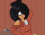 :3 black_hair computer_mouse green_eyes hair_bun hair_covering_eye hair_over_eye hair_over_eye_(maya) headphones maya meta:general_fanart no_hands_shown redraw sleeveless_undershirt tanktop undershirt unknown_artist wifebeater // 1920x1480 // 61KB