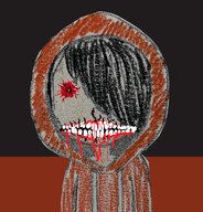 artist:onion_dweller bleeding blood bloodshot_eyes edit hair_bun hair_covering_eye hair_over_eye hair_over_eye_(maya) hoodie maya meta:general_fanart peeb_in_hoodie variant:peeb // 348x363 // 167KB