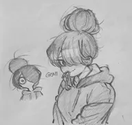 artist:gomi blush chewing_on_clothes fidgeting hair_bun hair_covering_eye hair_over_eye hair_over_eye_(maya) hood_downn hoodie maya meta:general_fanart no_mouth noming_on_hoodie_strings oral_fixation pencil_(medium) // 1666x1574 // 83KB