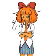 annoyed arms_crossed artist:jawsdropd blue_eyes bow confused crossed_arms curious looking_at_viewer meta:general_fanart mymy orange_hair question_mark skeptical skirt tie white_void // 1423x1699 // 159KB