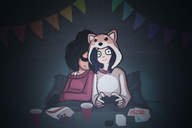 black_hair blanket controller couch cups green_eyes hair_covering_eye hair_over_eye hair_over_eye_(maya) kruidnoten maya occoal official_art onesie pillow sleeping sleeveless_undershirt tanktophair_bun undershirt uno wart wifebeater // 3000x2000 // 2.3MB