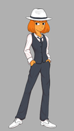 blue_eyes freckles hands_in_pockets har meta:general_fanart mymy orange_hair pants shoes single_color_background single_colour_background tie unknown_artist vest // 1080x1920 // 512KB