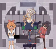 artist:silk_pyjamas blonde_hair blue_eyes boot boots brown_eyes brown_hair camera dutch_text english_text freckles green_eyes hair_bun hair_covering_eye hair_over_eye hair_over_eye_(maya) hoodie looking_at_viewer looking_away maya meta:general_fanart mymy nederlandse_tekst open_mouth orange_hair parody raised_eyebrow shoe shoes silk_pyjamas_(artist) skirt smoke tangled test_card text trio tv-testbeeld tv_test_pattern wire // 2733x2397 // 484KB