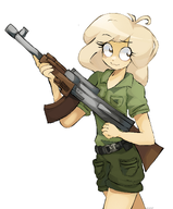 artist:hal belt blonde_hair brown_eyes coco eyebrow_raised eyelashes gun meta:rijkskunst shorts white_void ZMTFU // 1560x1889 // 1.4MB