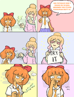 blonde_hair blue_eyes bow comic cutoff english_text fisheye_(drawfag) freckles high meta:rijkskunst mymy niggerwiggle orange_hair partially_dyed_hair question_mark sign single_color_background single_colour_background skirt sleeveless_undershirt smoke smoking smoking_weed smoking_week speech_bubble speech_bubbles tanktop text text_bubble text_bubbles tie weed weeds wifebeater yfke // 2189x2877 // 1.2MB
