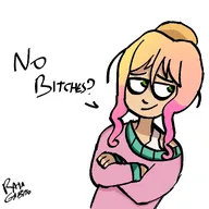 arms_crossed arrow artist:rata_gabito blonde_hair emglish_texy green_eyes hair_bun looking_right looking_to_the_side meme meta:general_fanart partially_dyed_hair question_mark sleeveless_undershirt smirk tanktop text undershirt wifebeater yfke // 1280x1280 // 134KB