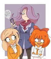 annoyed blonde_hair blue_eyes bow brown_eyes coco google_translate grey_eyes japanese_text meta:general_fanart mymy nervous orange_hair phone purple_hair smiling text tie vera // 1786x2048 // 333KB