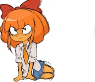 :) blue_eyes bow freckles laying mymy orange_hair single_color_background single_colour_background skirt smiling tie white_void // 1551x1337 // 138KB