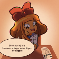 artist:spontaneous blue_eyes chair desk dutch_text freckles mymy niggerwiggle open_mouth orange_hair paper speech_bubble text_bubble yellow // 1256x1256 // 2.3MB