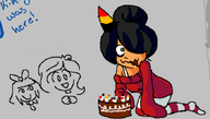 belgian_flag birthday birthday_cake birthday_hat black_hair bow cake candle candles coco drawing english_text green_eyes grey_background hair_bun hair_covering_eye hair_over_eye hair_over_eye_(maya) happy maya maya's_birthday meta:general_fanart mymy open_mouth sleeveless_undershirt tanktop text tie undershirt wifebeater // 680x385 // 115KB