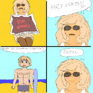aryan axel beach blonde_hair blue_eyes blush blushing body_hair censored coco comic ellipsis english_text exclamation_mark facial_hair gem glasses meta:rijkskunst mspaint ocean question_mark shorts skirt sky stable sunglasses text water // 2500x2500 // 517KB