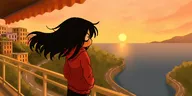 artist:aidanisl8 black_hair gif green_eyes hair_following hair_following_in_the_breeze hoodie maya meta:general_fanart monaco road scenery sea sun sunset // 2000x1000 // 2.0MB