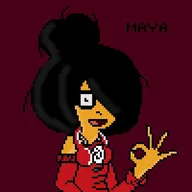 dutch_text english_text hair_bun hair_covering_eye hair_over_eye hair_over_eye_(maya) headphones maya meta:general_fanart open_mouth pixel_art single_color_background single_colour_background text unknown_artist white_power_sign white_power_world_wide // 500x500 // 21KB